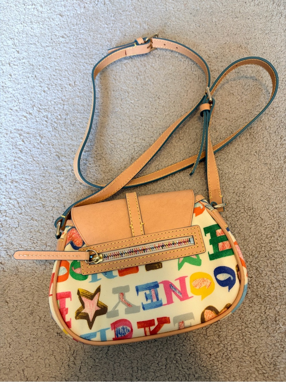 Dooney & Bourke Cream Crossbody with Multicolor Logo Print & Tan Trim - Picture 3 of 6